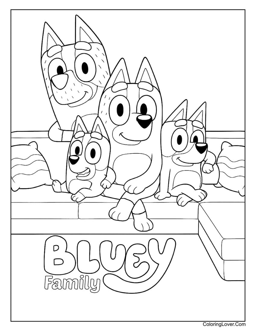 Bluey family sitting on the couch together coloring page for kids