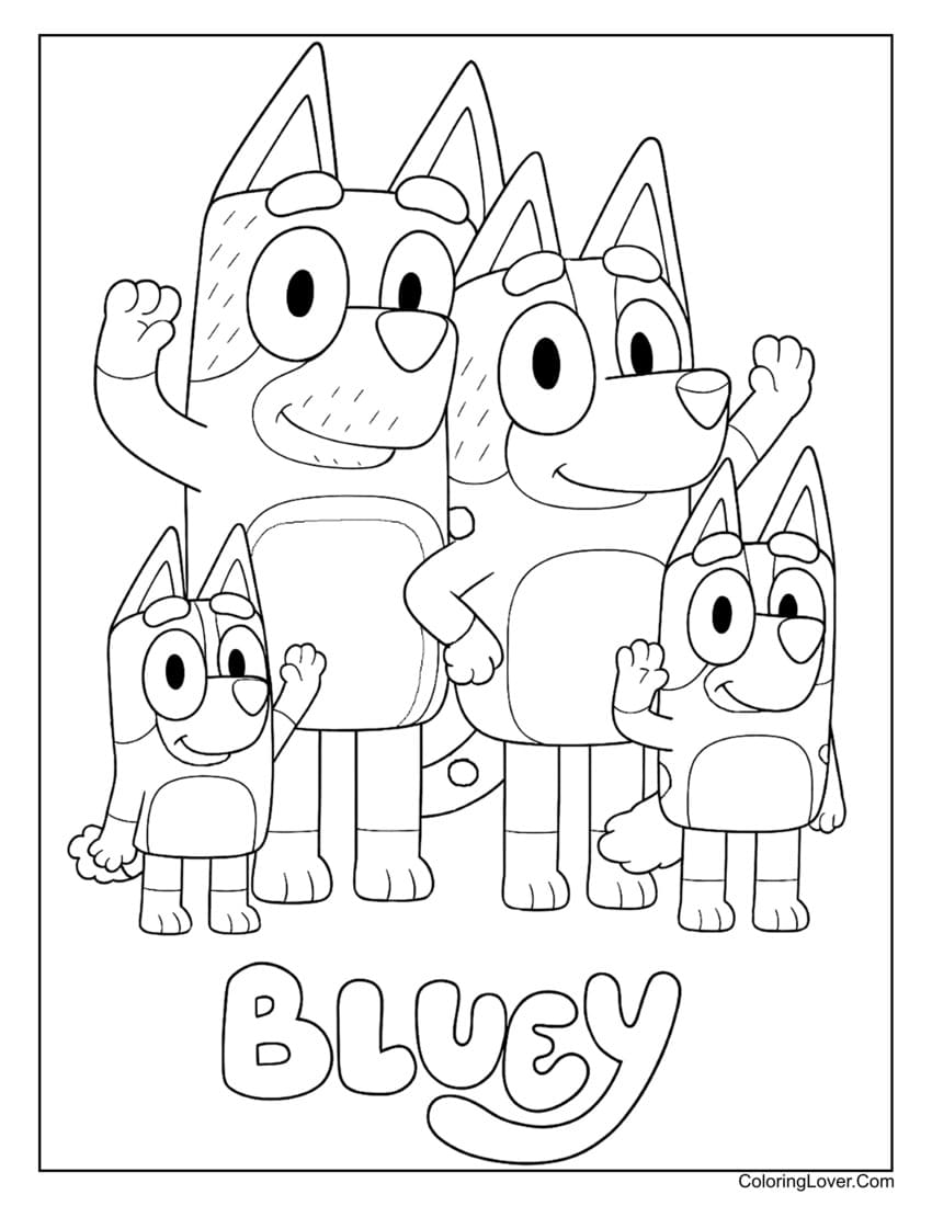 Bluey family standing proudly together coloring page