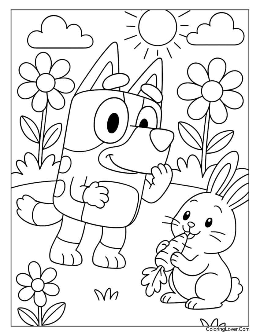 Bluey feeding a bunny in a sunny flower garden coloring page