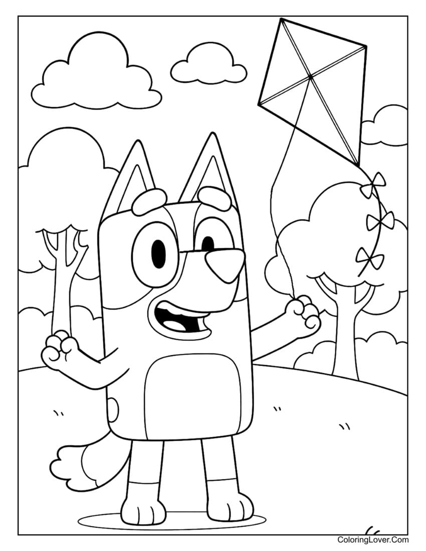 Bluey flying a kite in a park with trees coloring page