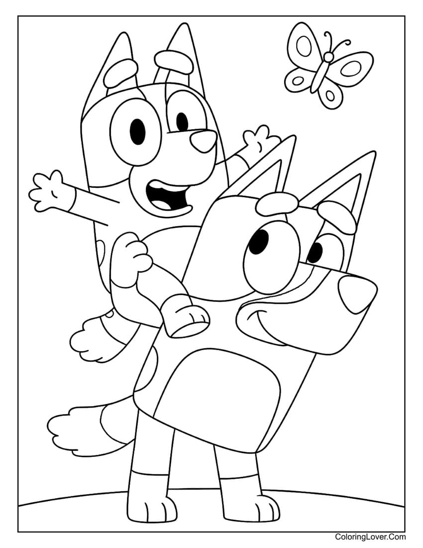 Bluey giving Bingo a piggyback ride in the park coloring page