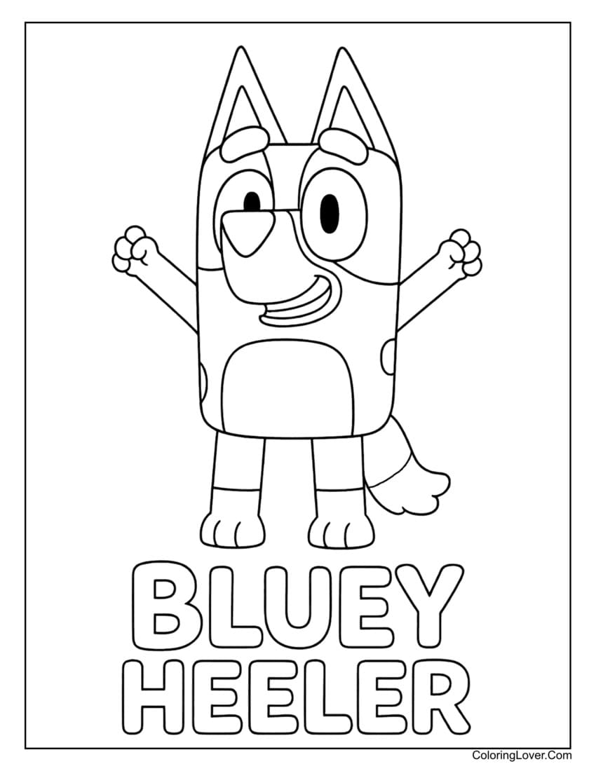 Bluey Heeler smiling and raising arms coloring page (easy and cute design for preschool)