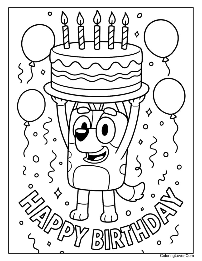 Bluey holding birthday cake with balloons and confetti coloring page