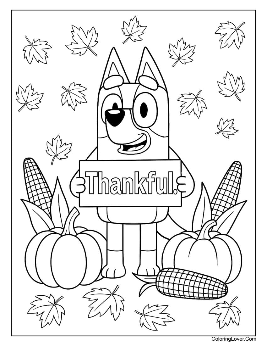 Bluey holding “Thankful” sign surrounded by pumpkins and corn coloring page