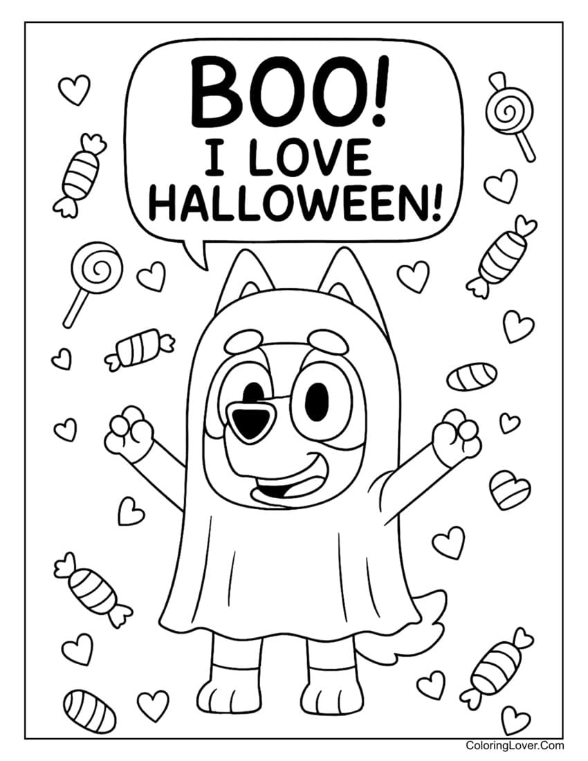 Bluey in Halloween ghost costume saying “Boo! I love Halloween!” coloring page
