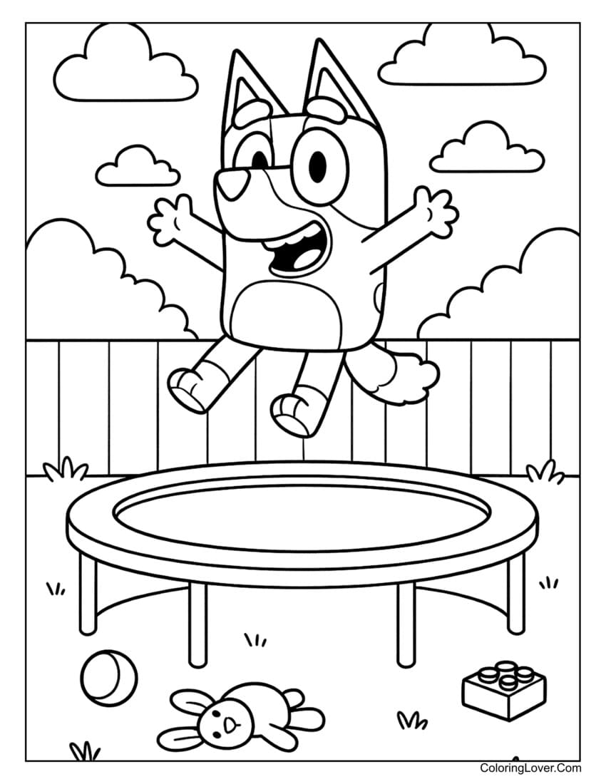 Bluey jumping on a trampoline in the backyard coloring page