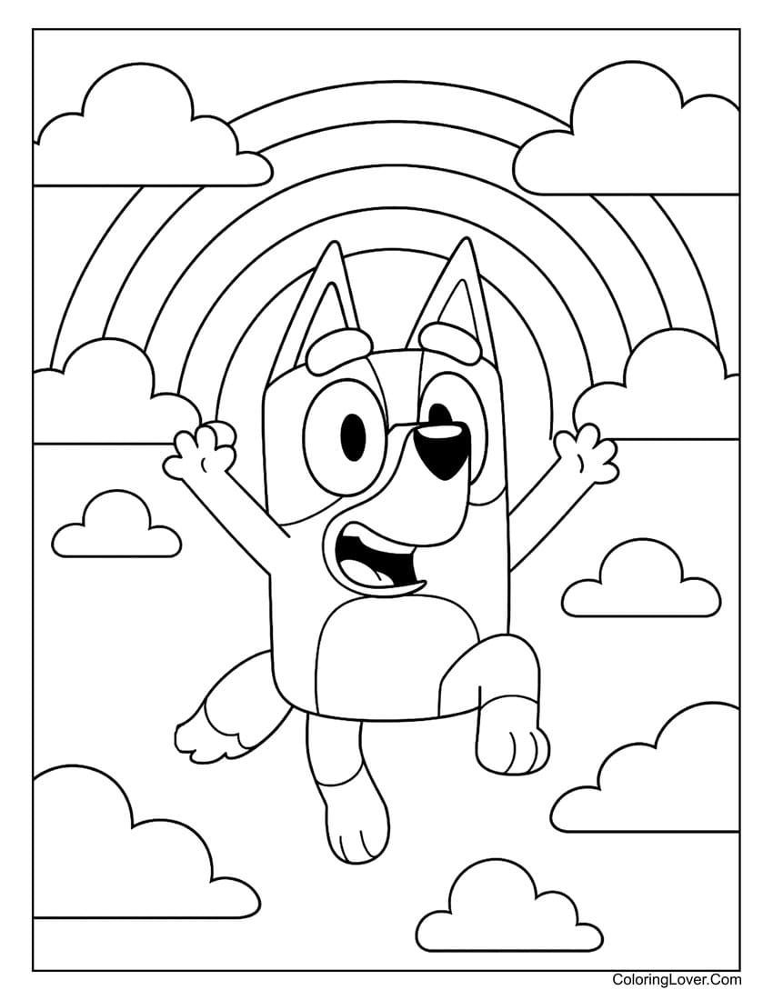Bluey jumping with joy under rainbow and clouds coloring page (easy to color for preschool)