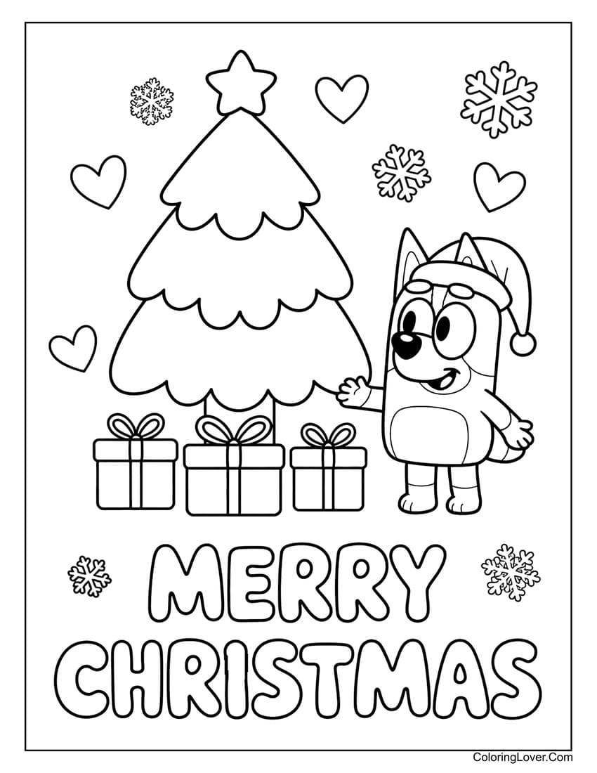 Bluey looking at decorated Christmas tree with gifts and hearts coloring page