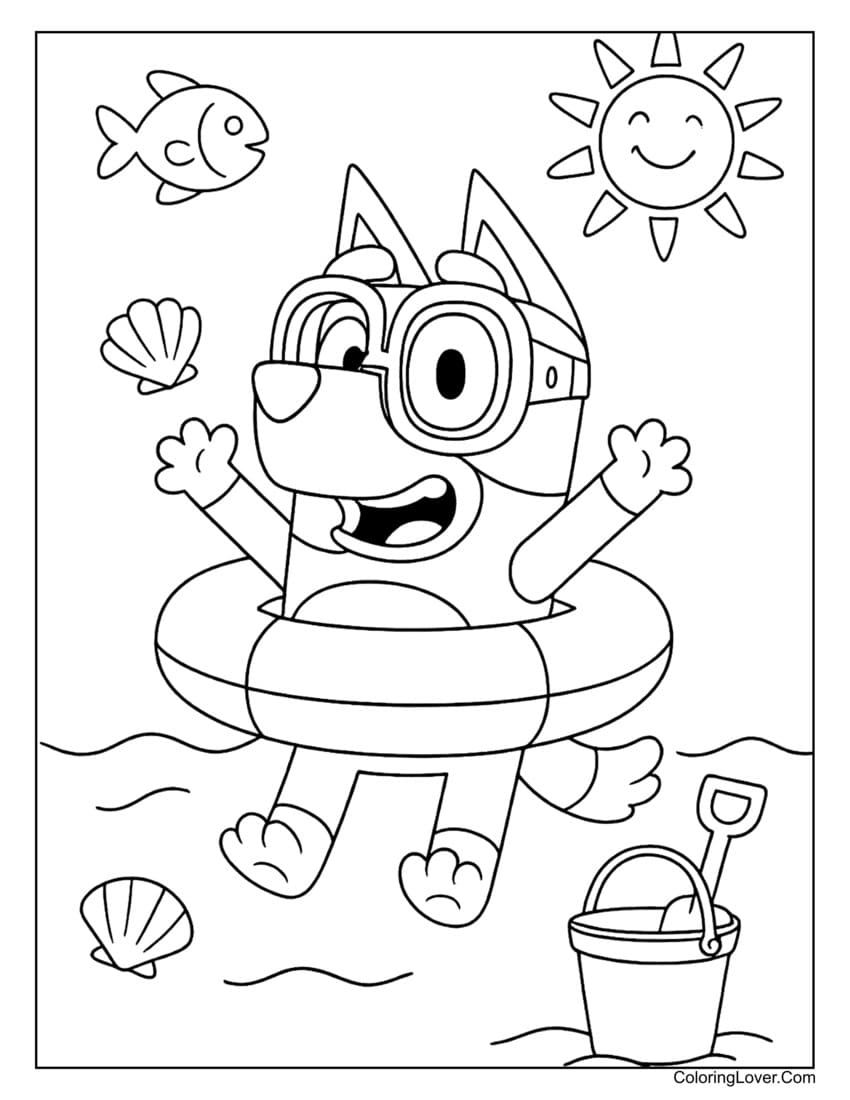Bluey playing at the beach with float and toys coloring page for kids