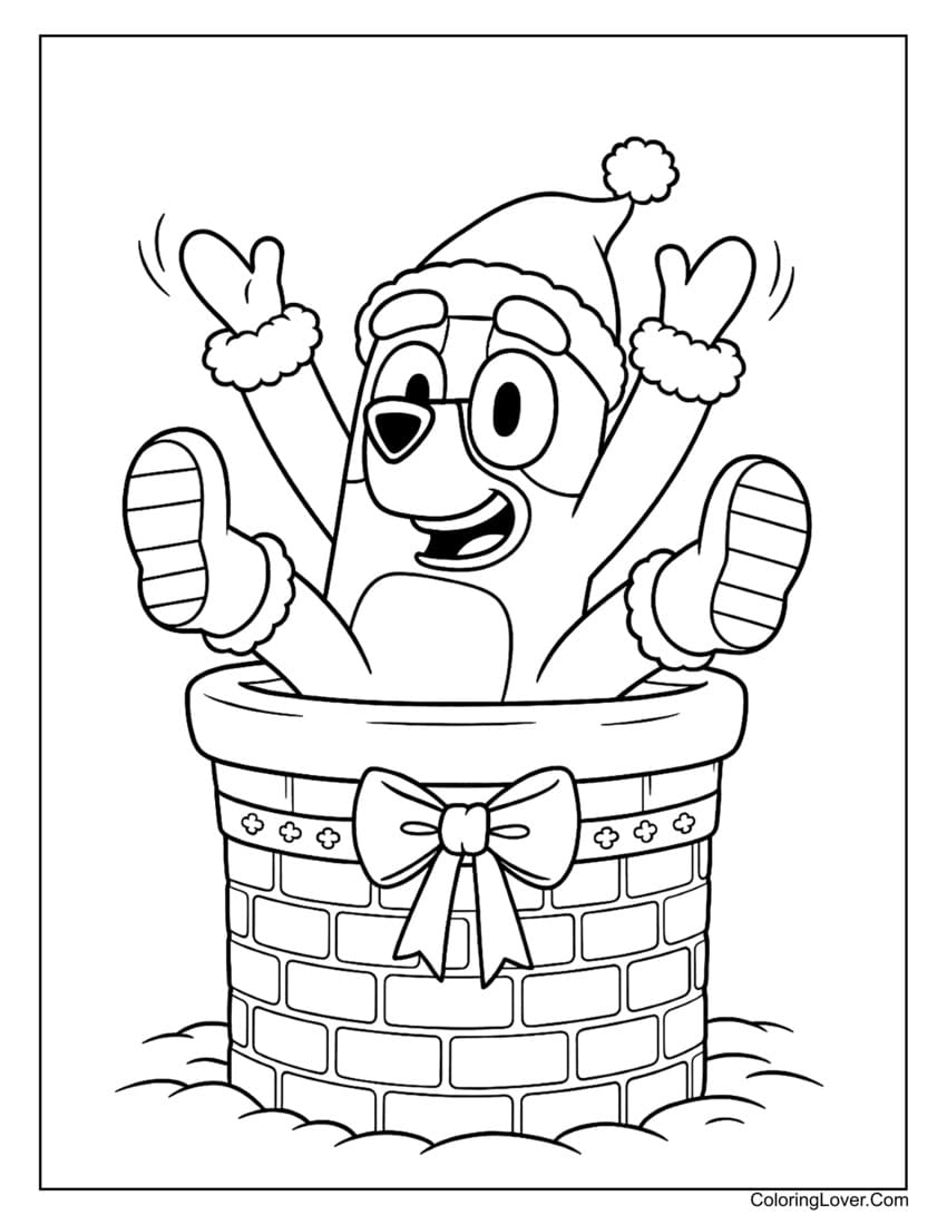 Bluey popping out of chimney wearing Santa hat coloring page for kids