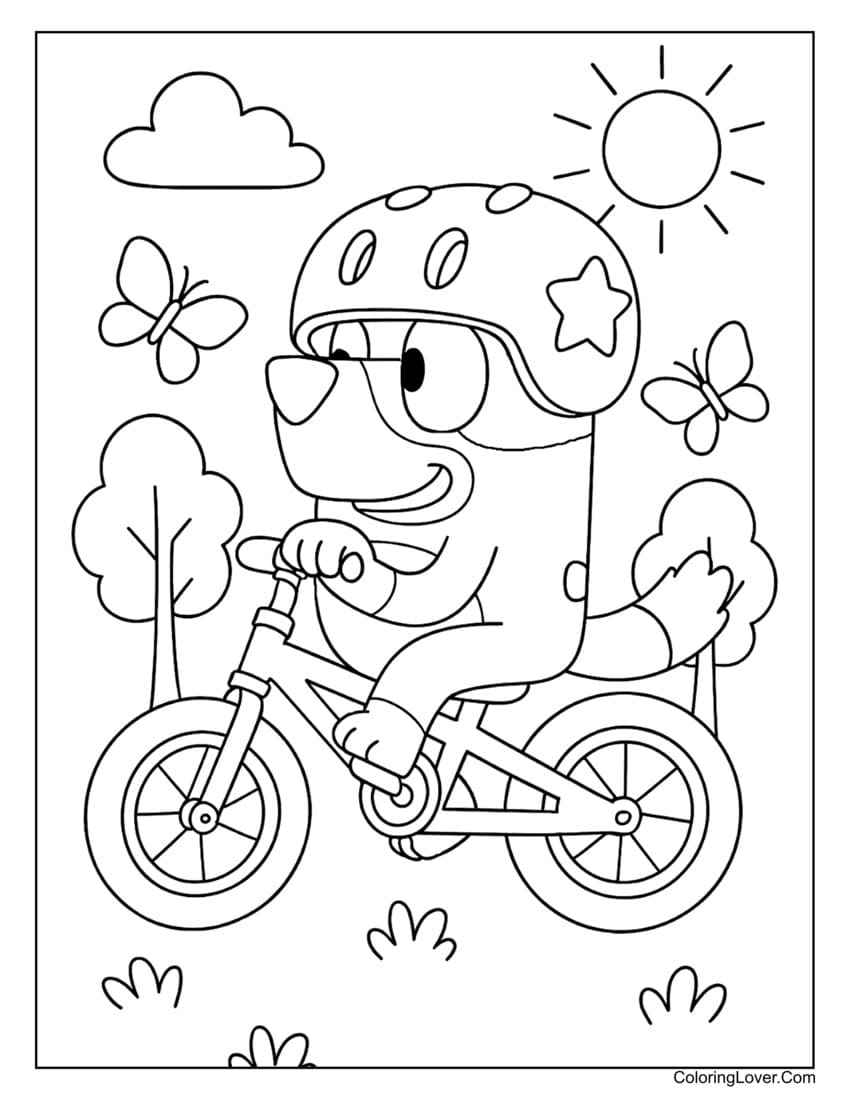 Bluey riding a bicycle with helmet on sunny day coloring page for kids