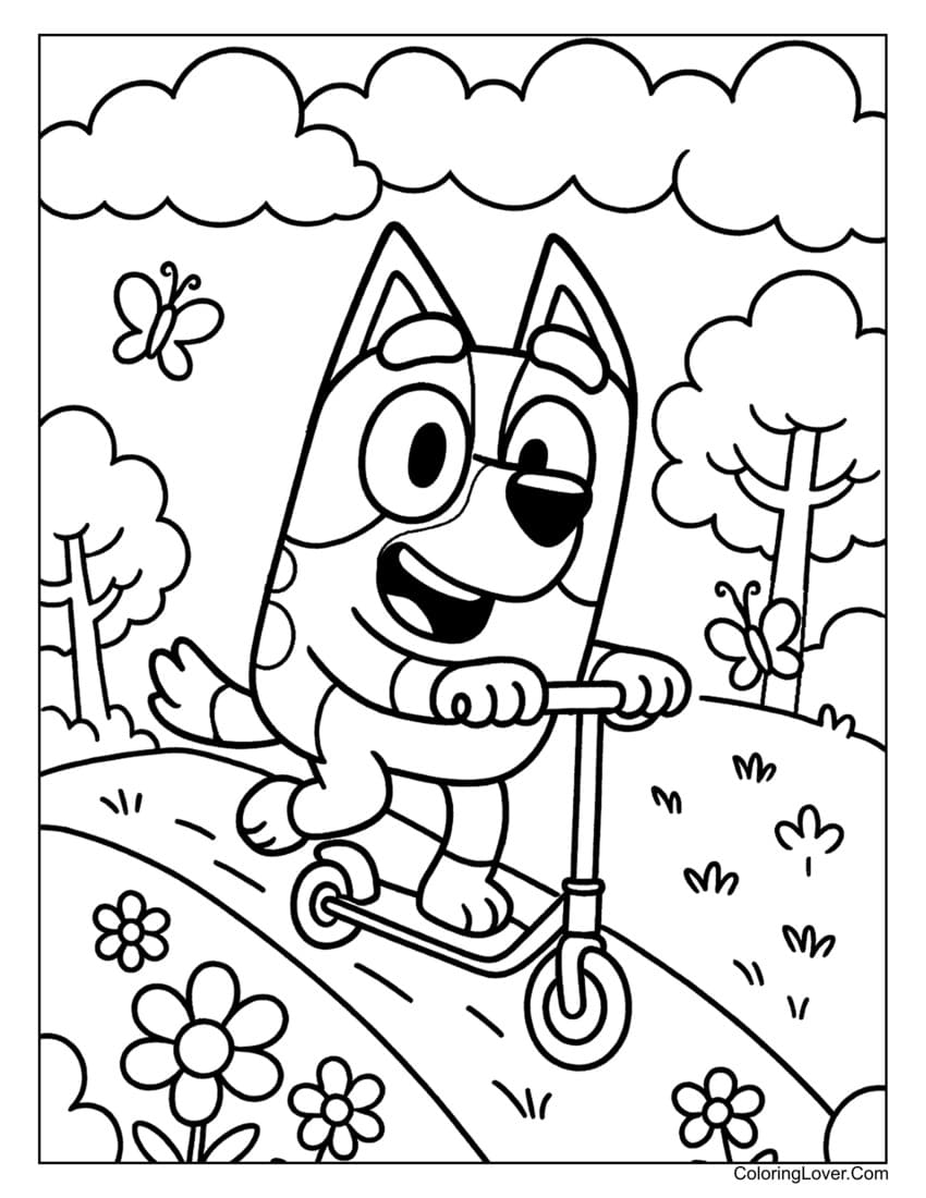 Bluey riding a scooter on a flower path coloring page for kids