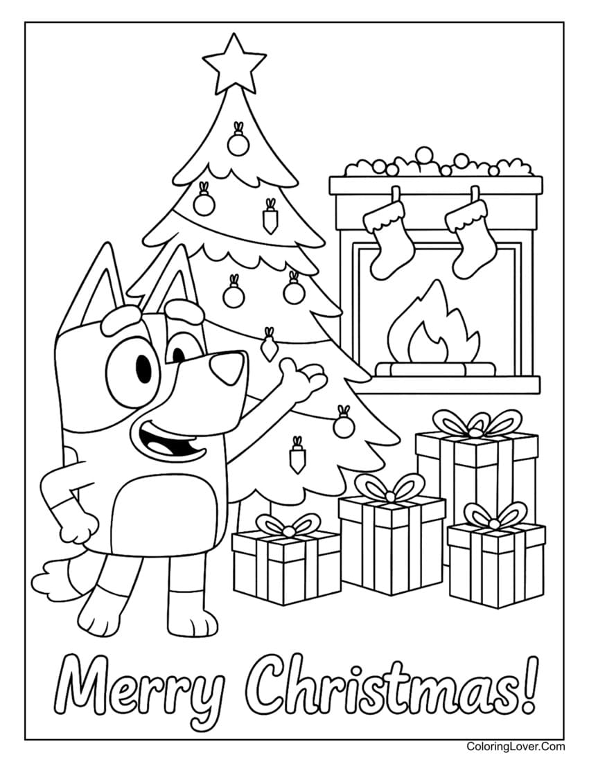 Bluey standing by fireplace with Christmas gifts and stockings coloring page