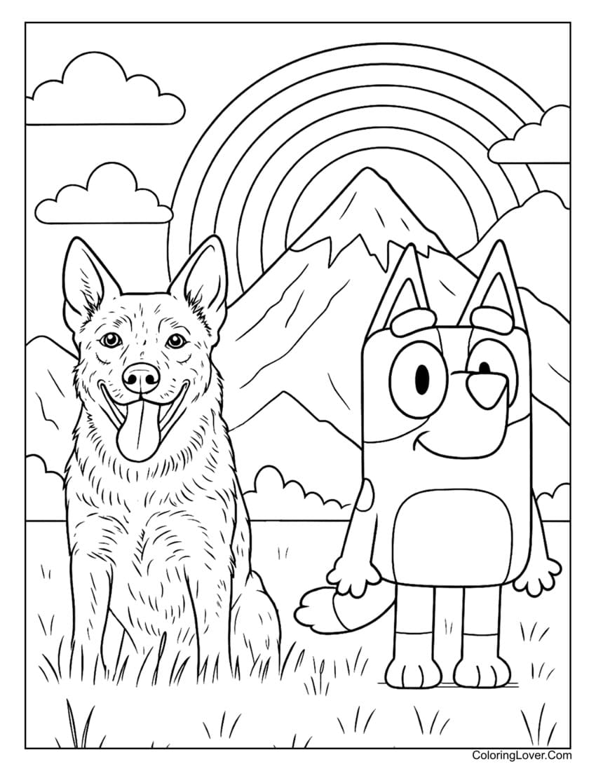Bluey standing with a German Shepherd in front of rainbow and mountains coloring page
