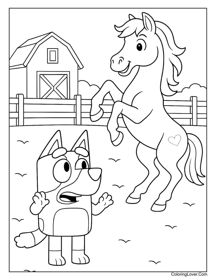 Bluey surprised by a rearing horse near the barn coloring page