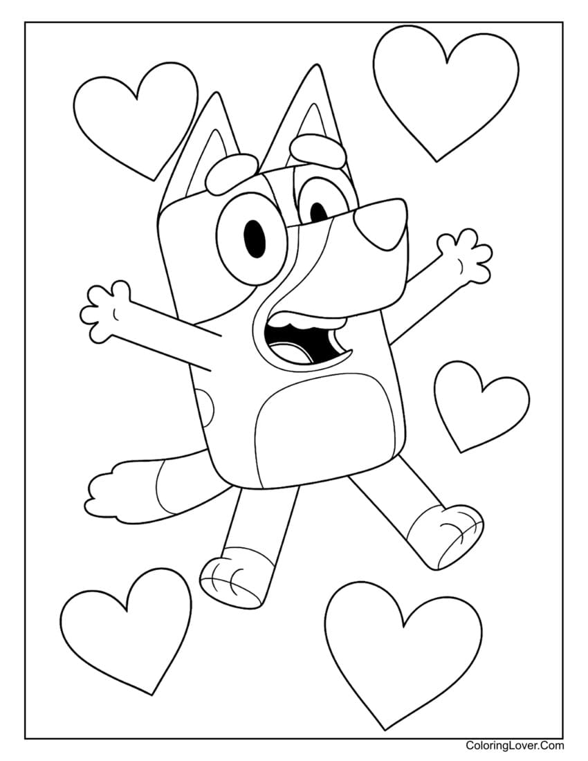 Bluey surrounded by hearts, happily leaping coloring page (simple to color)
