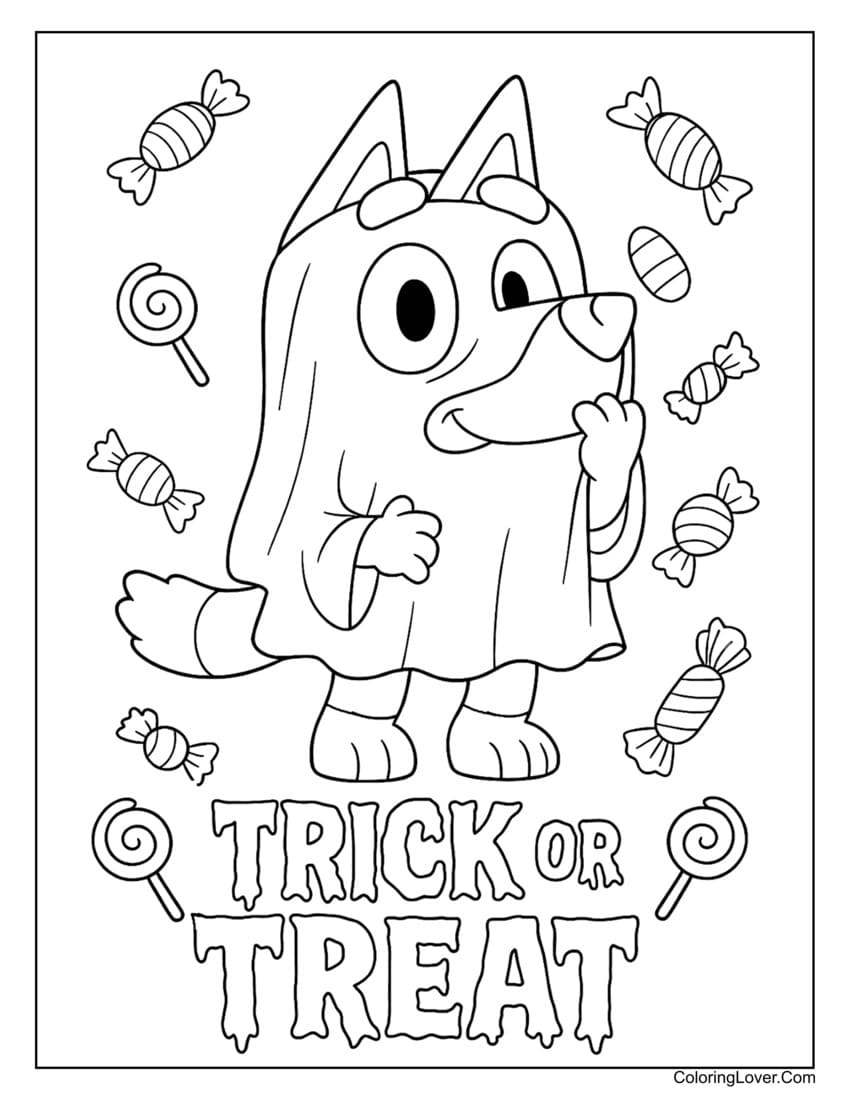 Bluey trick-or-treating in ghost costume surrounded by candy coloring page