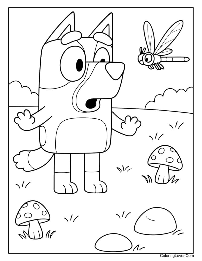 Bluey watching a dragonfly in a grassy field coloring page