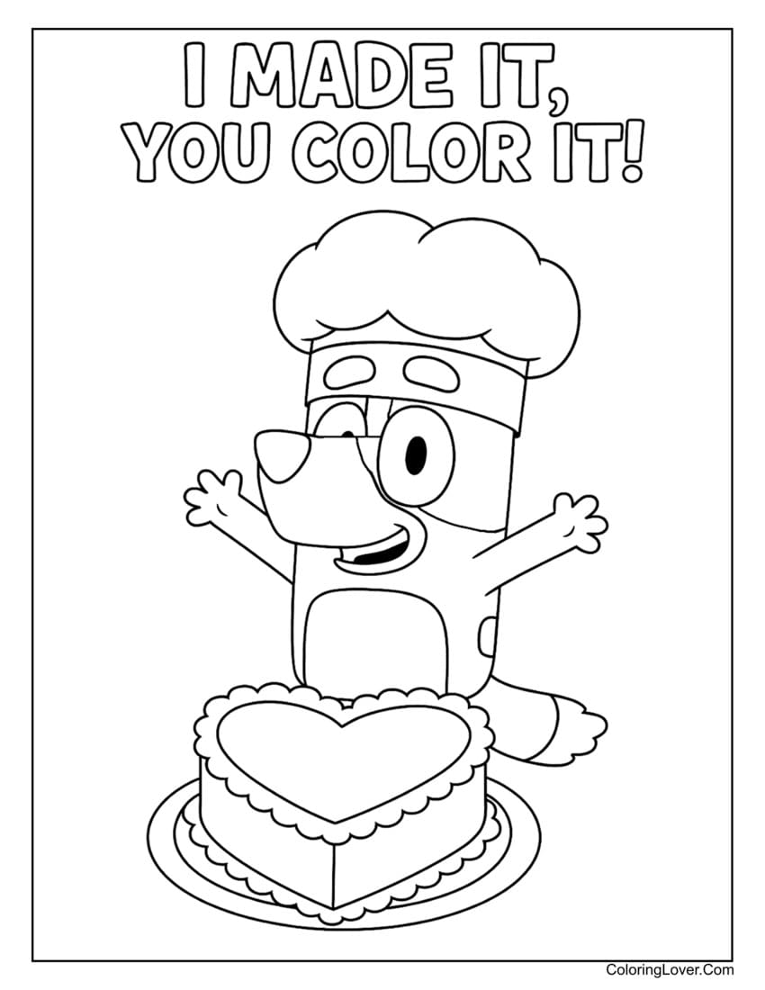 Bluey wearing a chef hat and showing a heart cake coloring page for kids