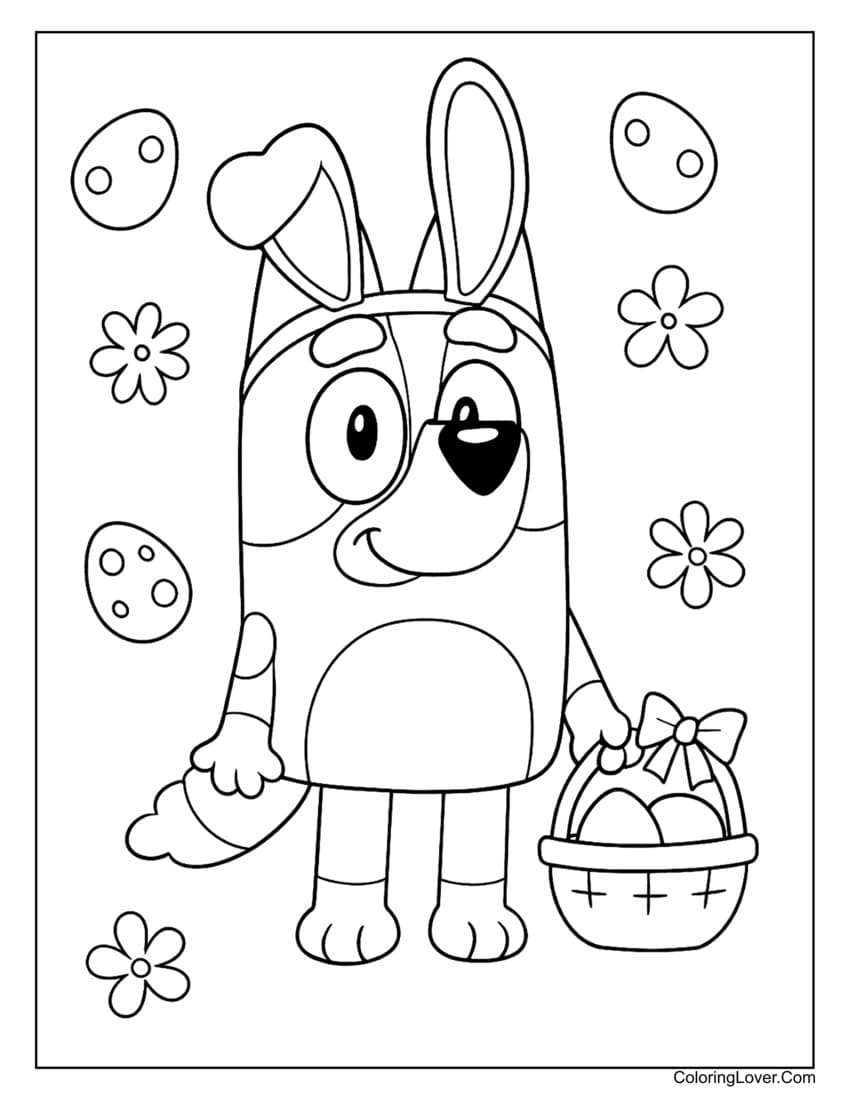 Bluey wearing bunny ears and holding Easter basket coloring page