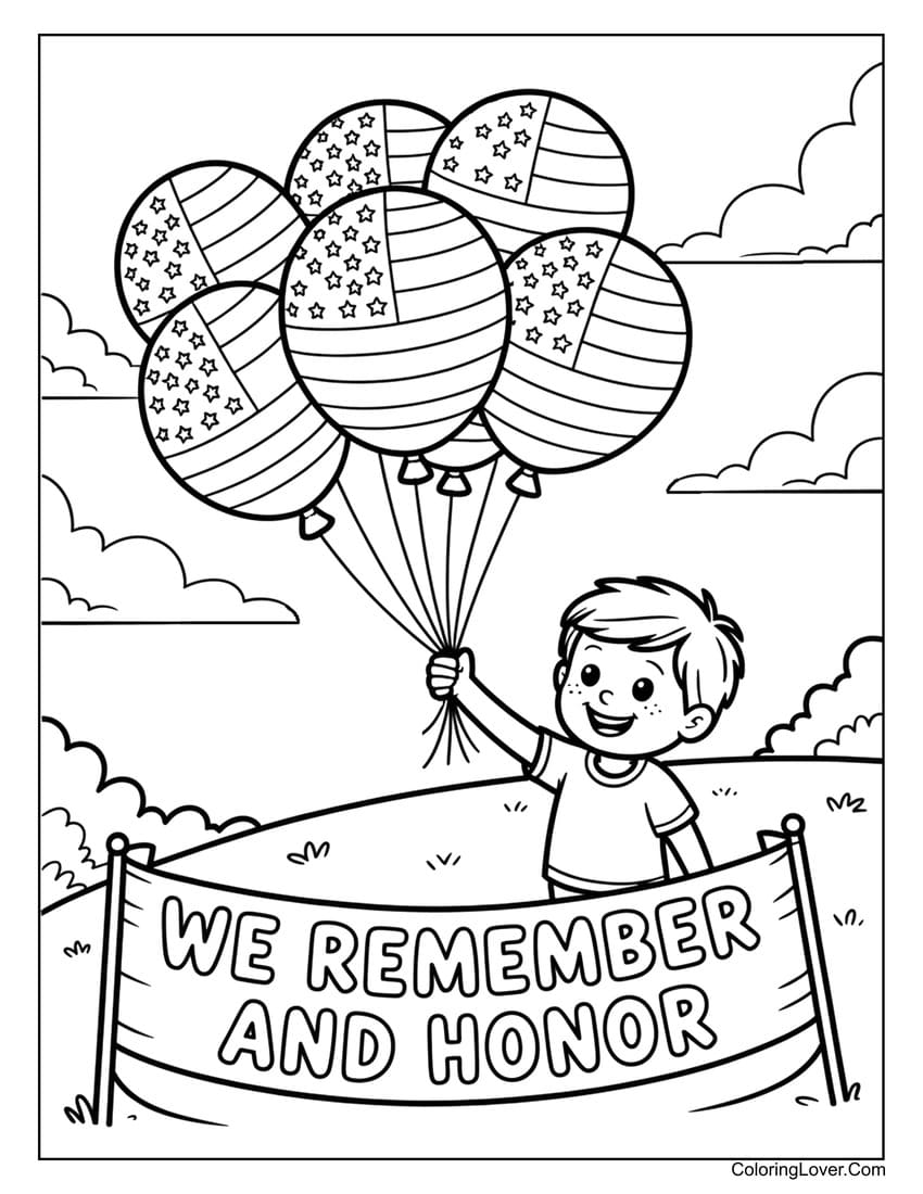 Boy celebrating with balloons for Memorial Day coloring page
