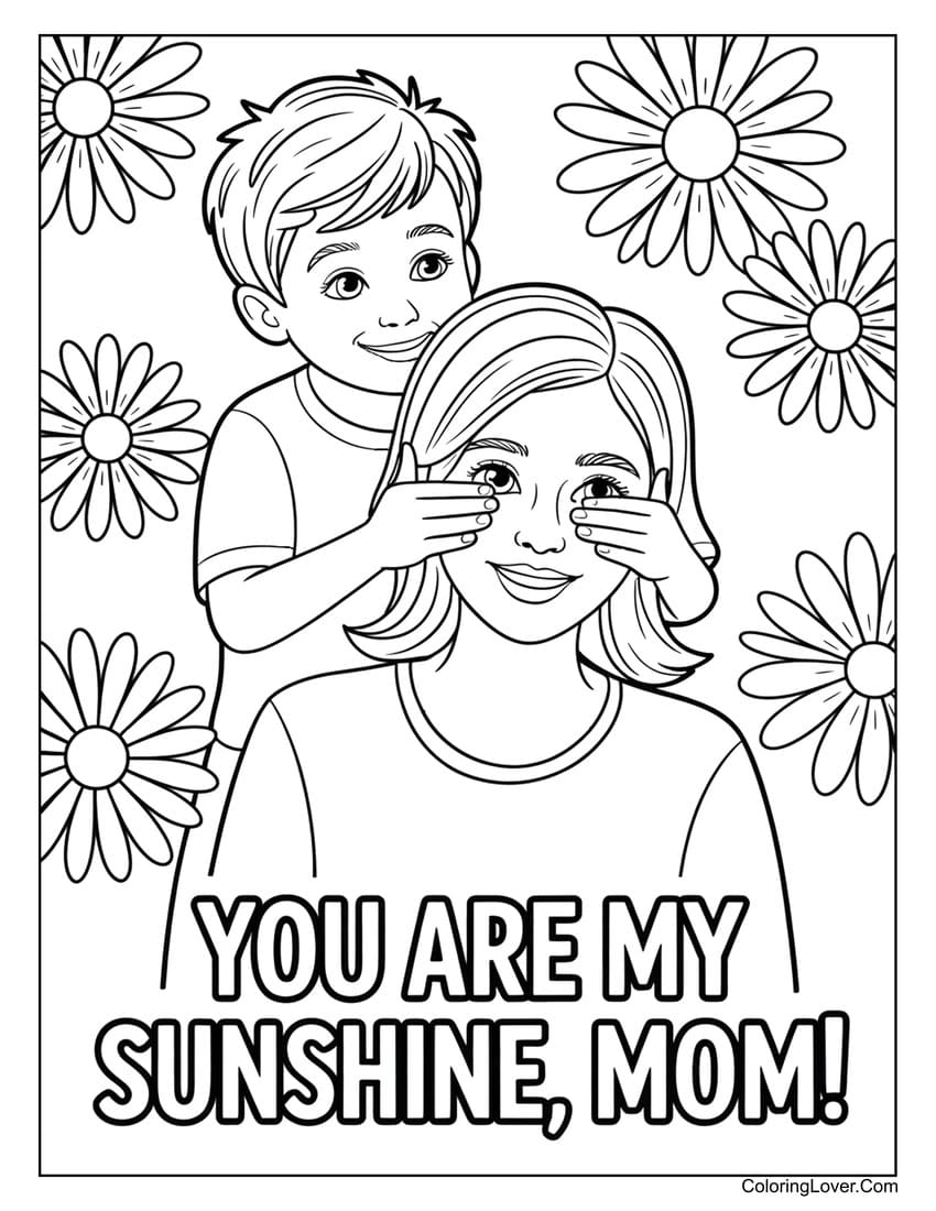 Boy covering mom’s eyes playfully on Mother’s Day coloring page