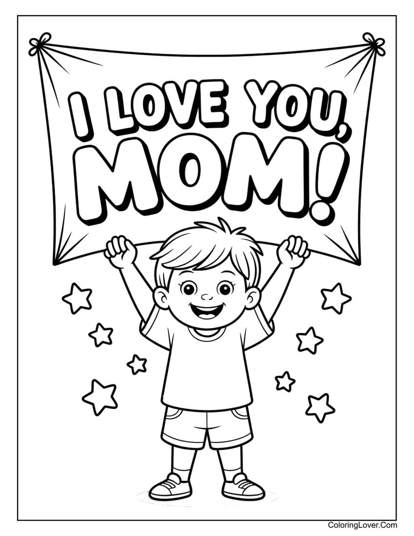 Boy holding “I love you mom” banner coloring page
