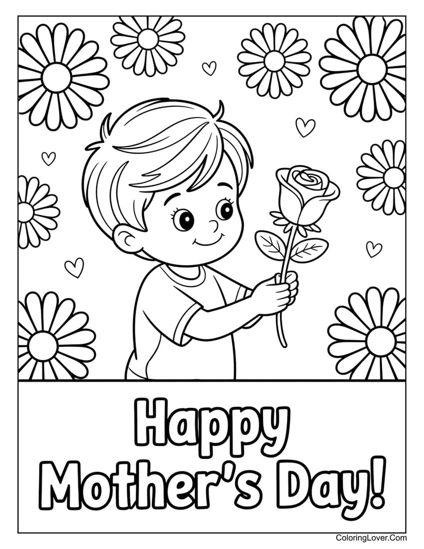 Boy holding rose for Mother’s Day coloring page