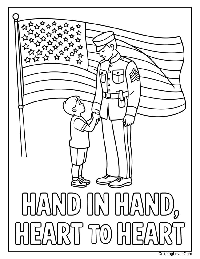 Child holding soldier’s hand on Memorial Day coloring page