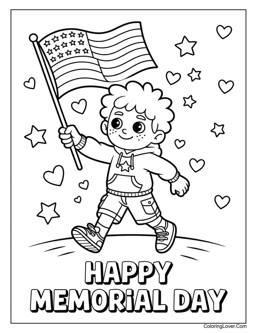 Boy waving American flag Memorial Day coloring page for kids