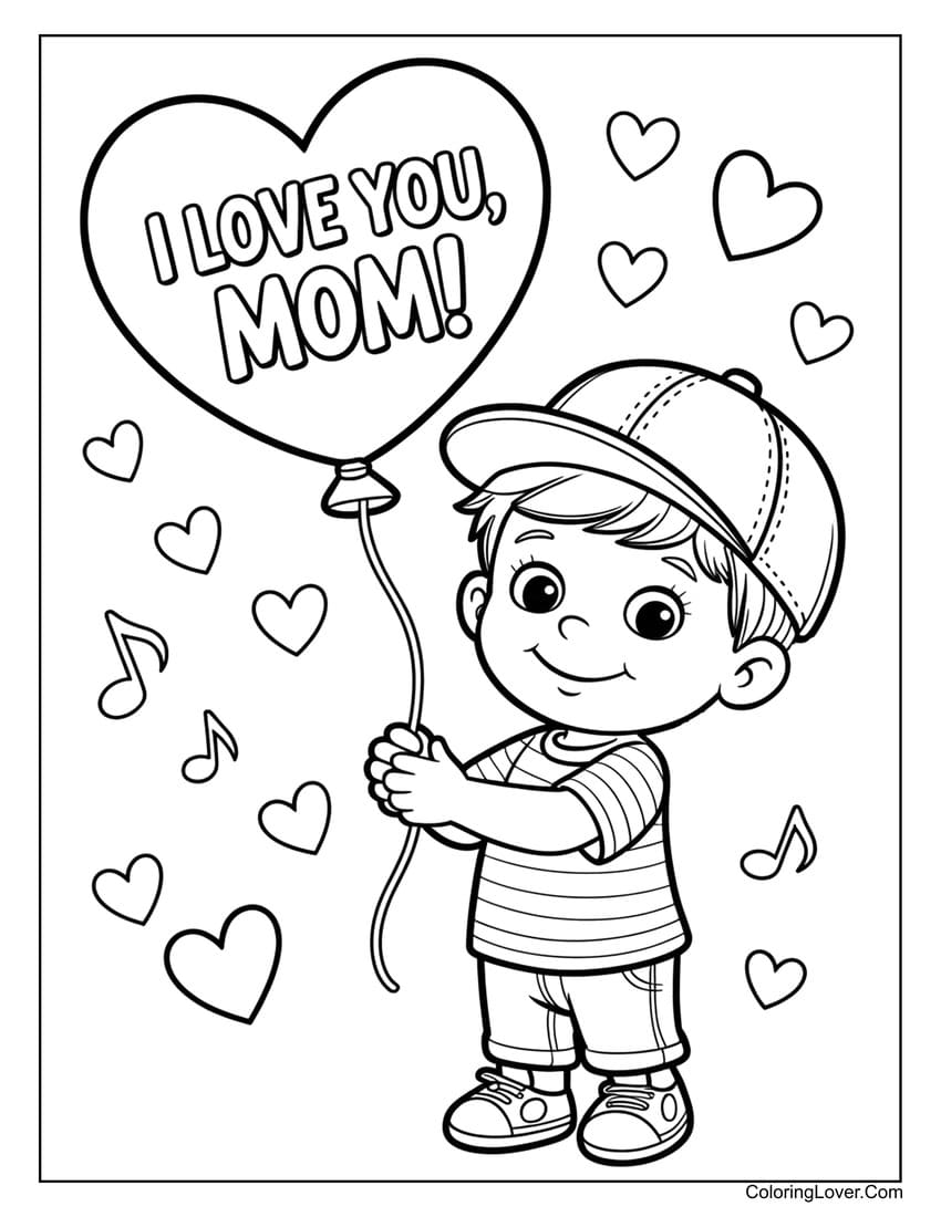 Boy with balloon saying “I love you” Mother’s Day coloring page