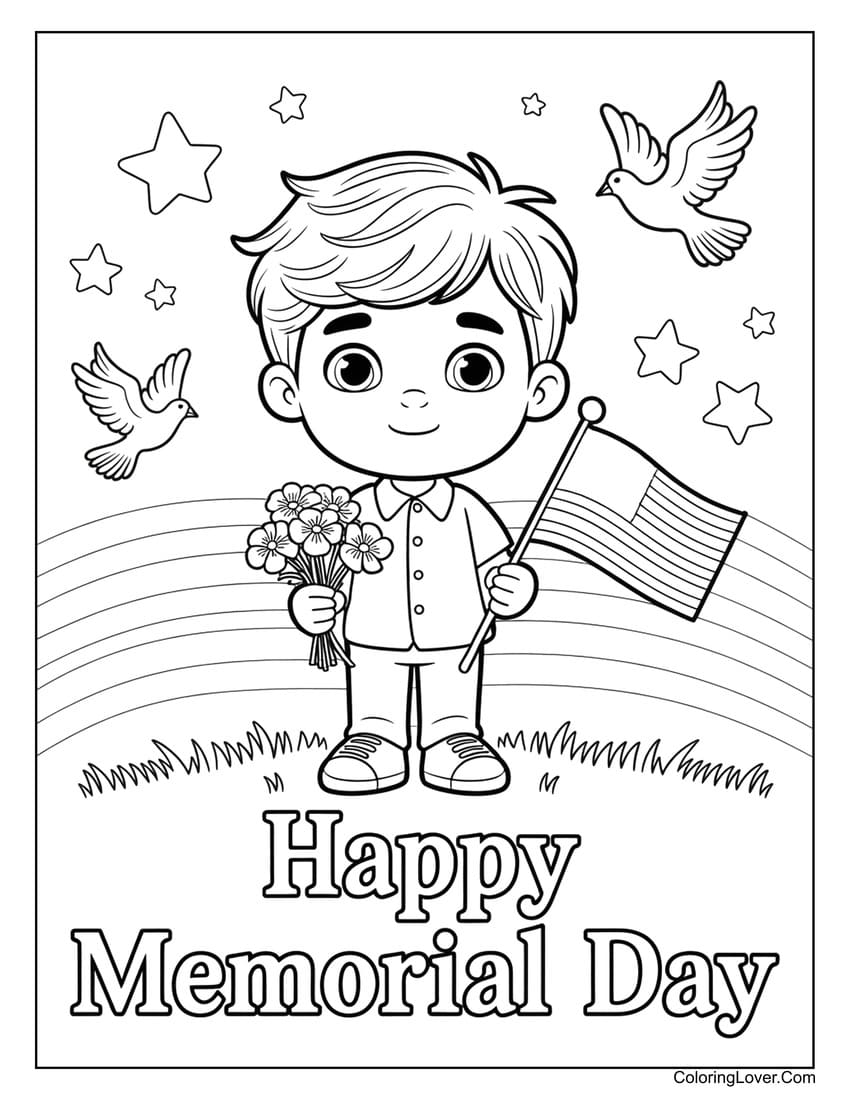 Boy with flowers and flag Memorial Day coloring page