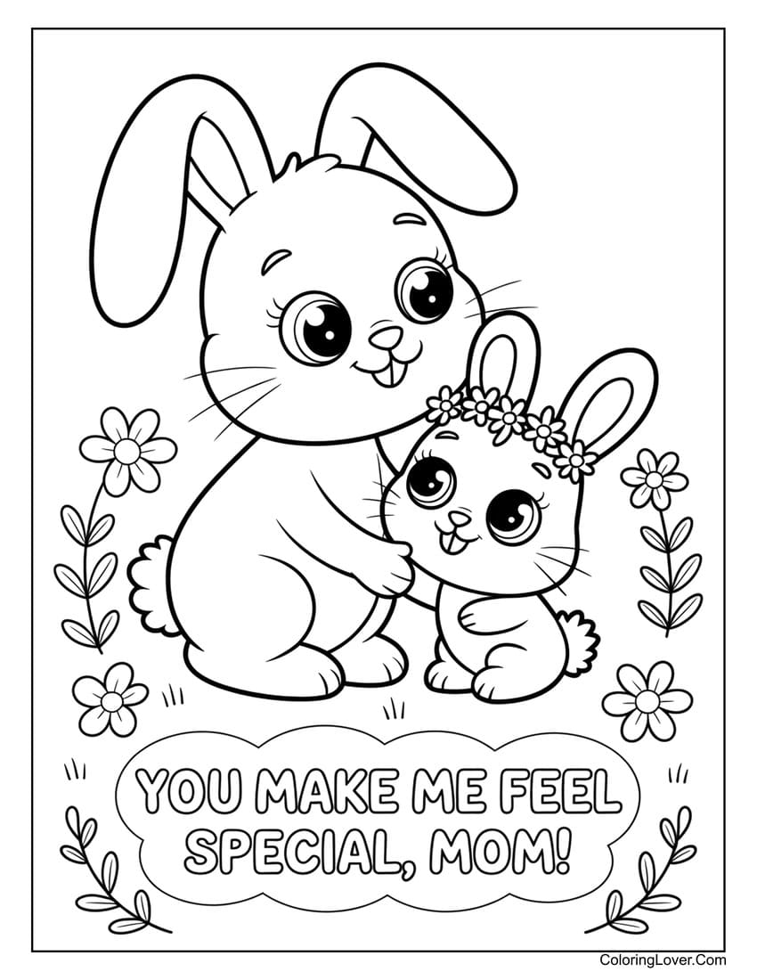Bunny and baby bunny with flowers for Mother’s Day coloring page