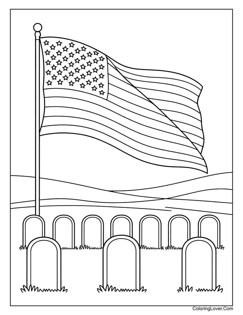 Cemetery scene with flag on Memorial Day coloring page