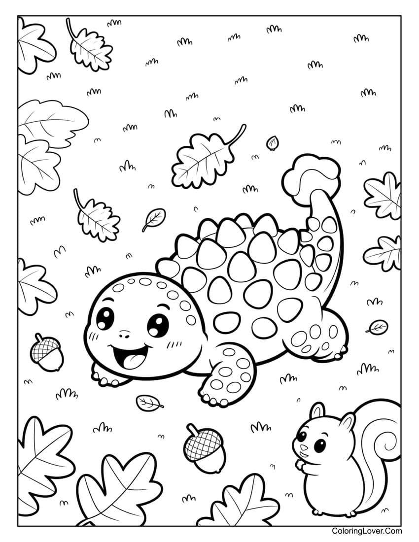 Cheerful dinosaur collecting leaves on forest floor coloring page