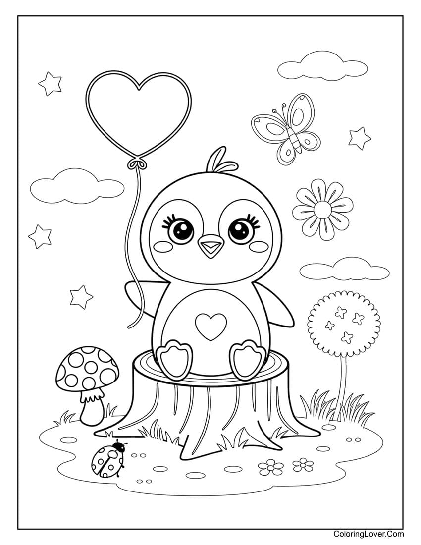 Cheerful kids coloring page of a penguin holding a balloon in a spring field