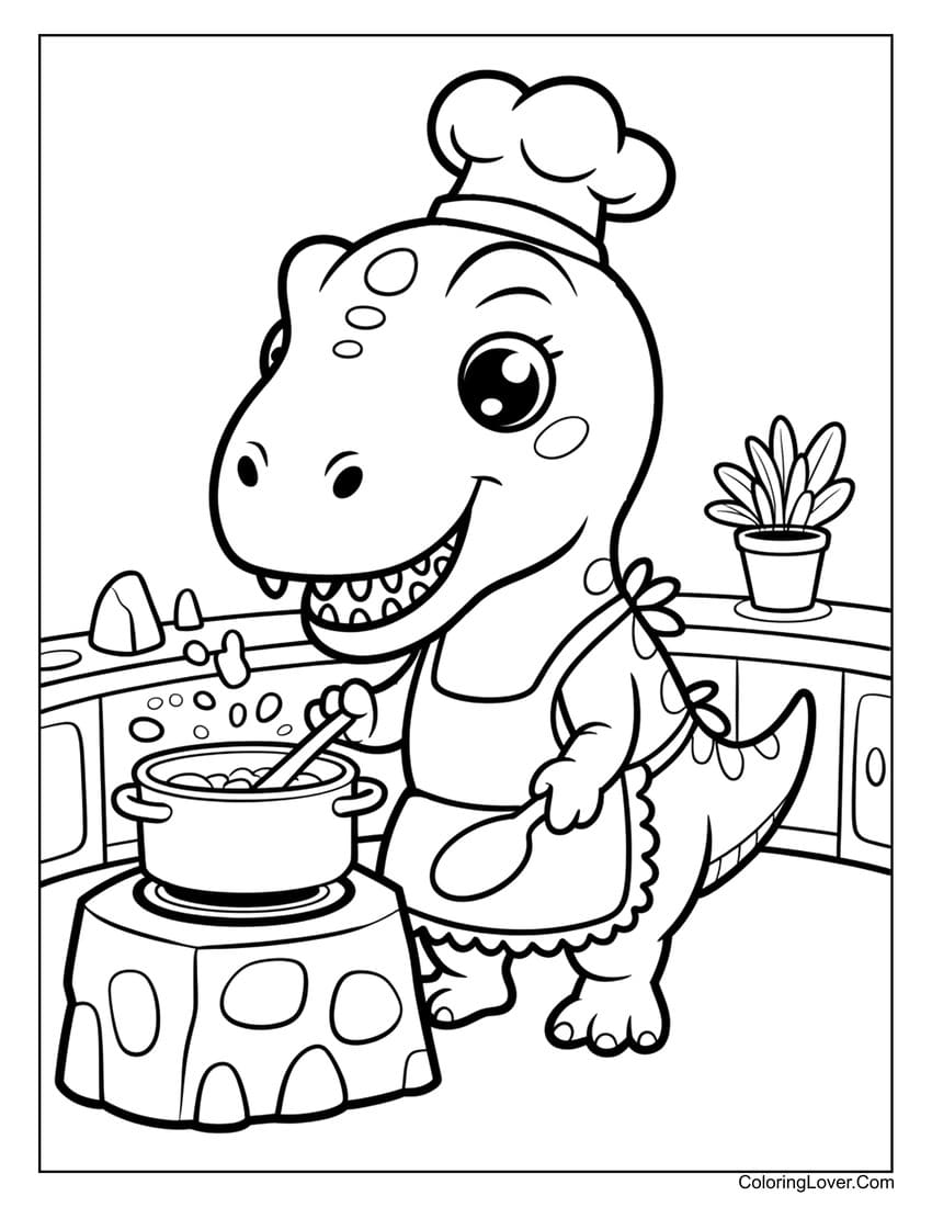 Chef dinosaur cooking happily in kitchen coloring page