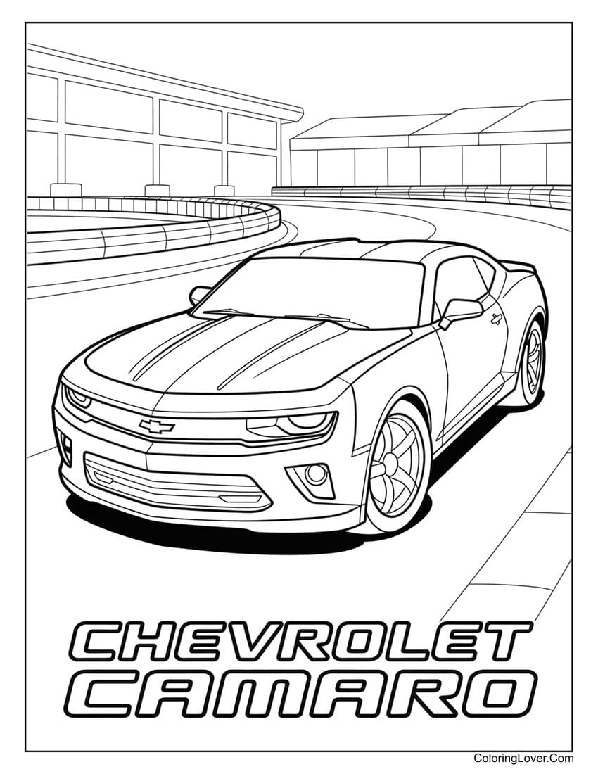 Chevrolet Camaro on race track curve coloring page