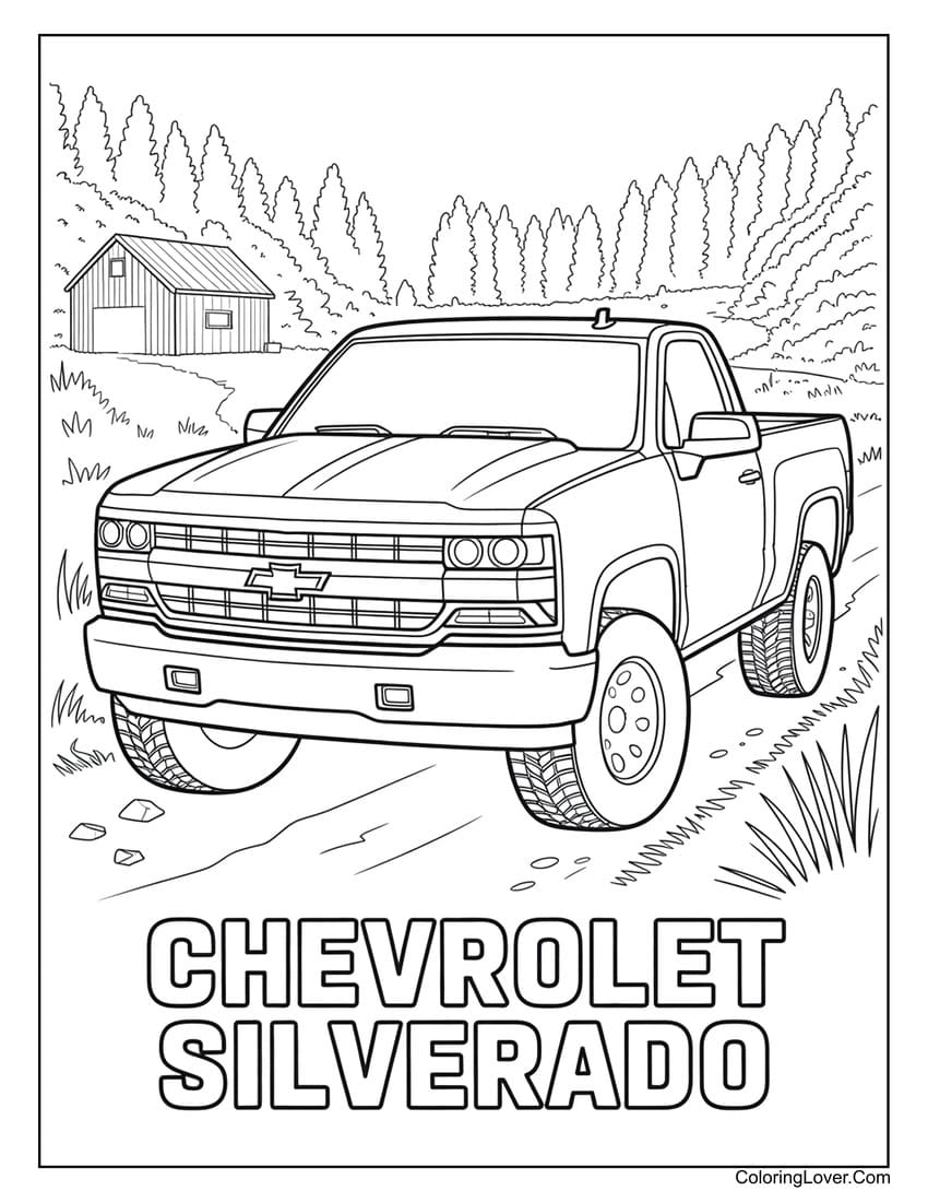 Chevrolet Silverado driving through forest trail coloring page