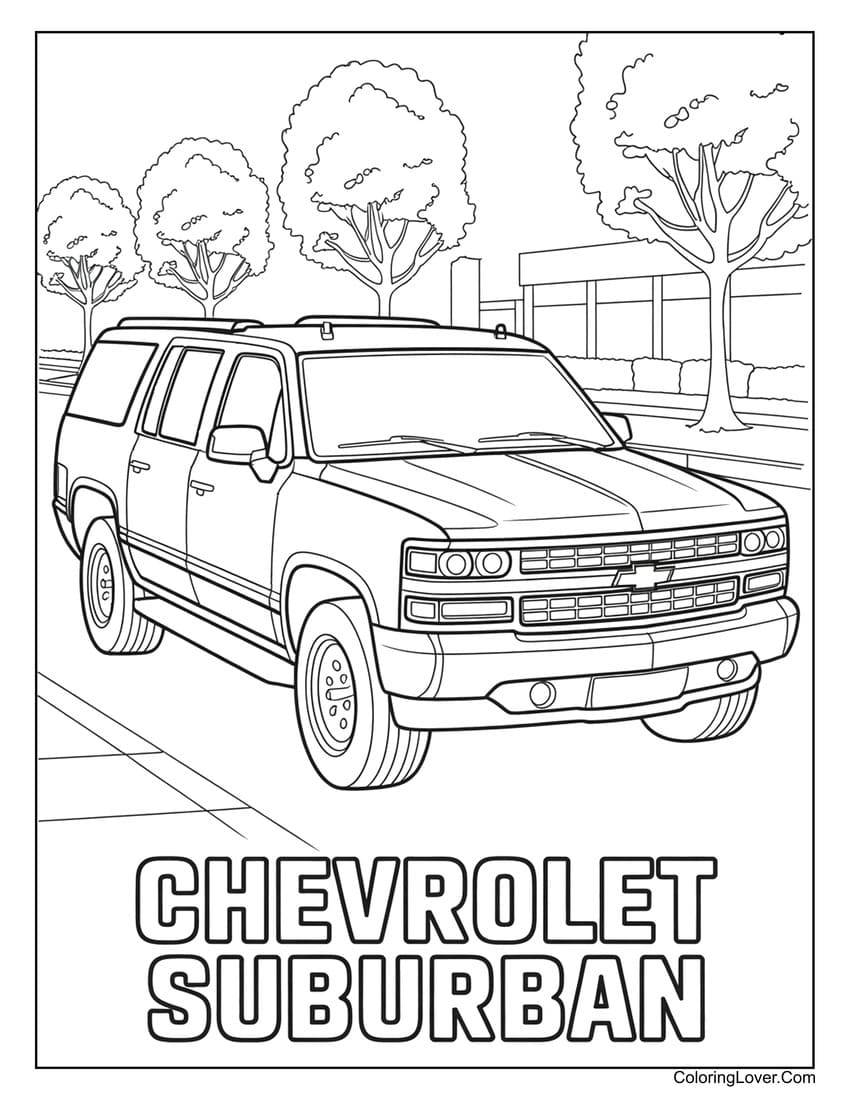 Chevrolet Suburban parked in suburban neighborhood coloring page
