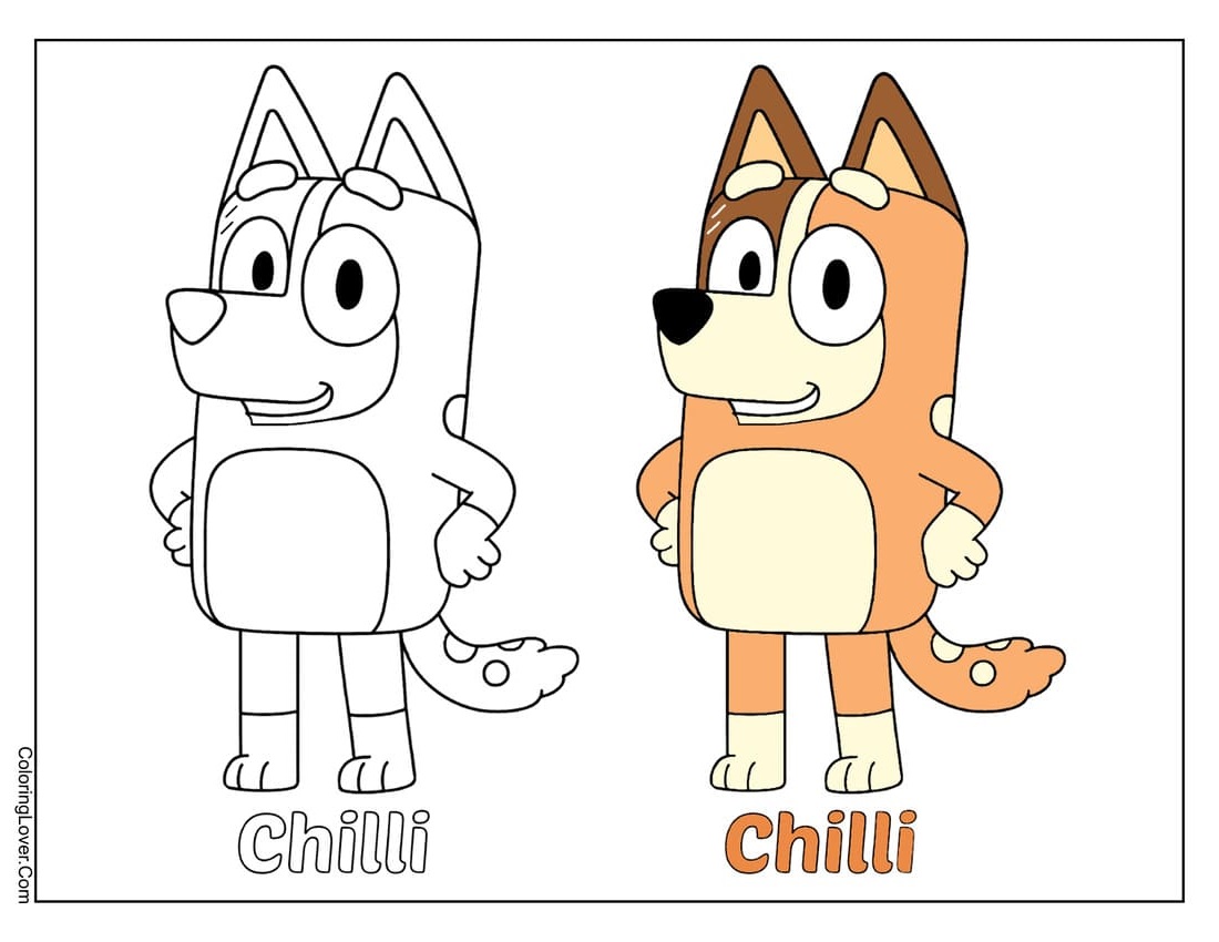 Chilli from Bluey coloring page with sample colors included to help children color accurately