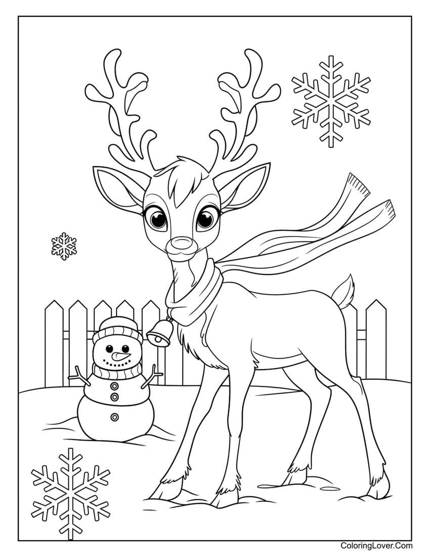 Christmas deer with scarf and snowman coloring page