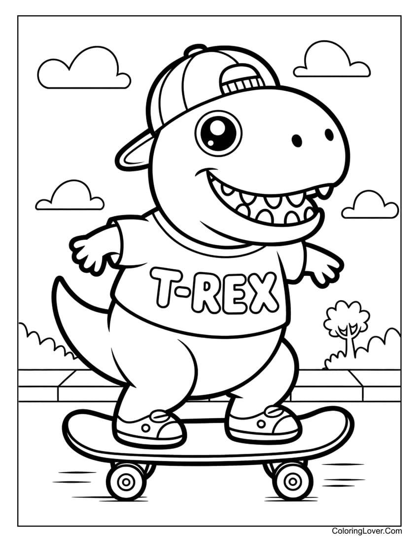 Cool T-Rex dinosaur skateboarding in park coloring page
