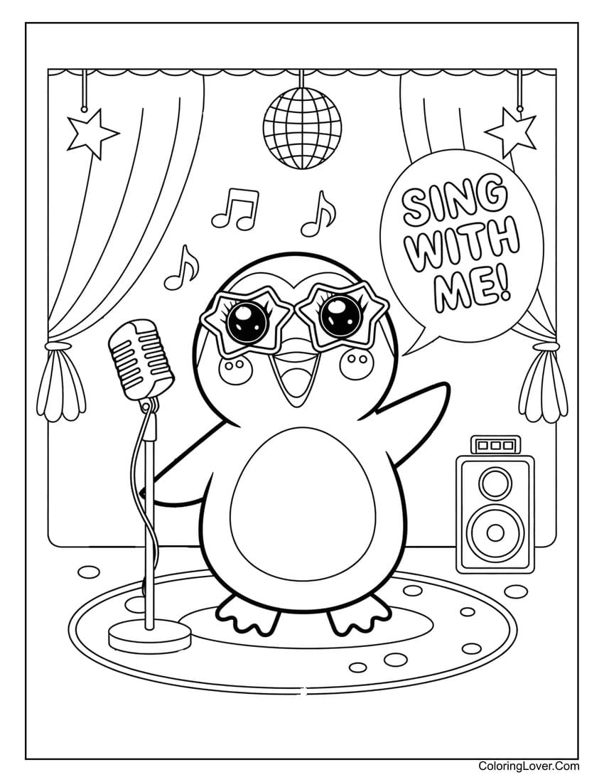 Creative kids coloring page of a penguin singing on stage
