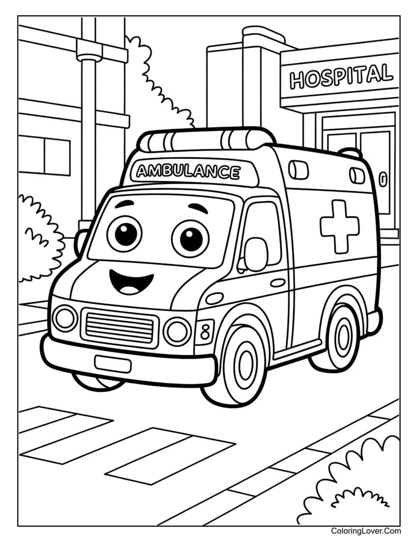 Cute ambulance arriving at hospital entrance coloring page