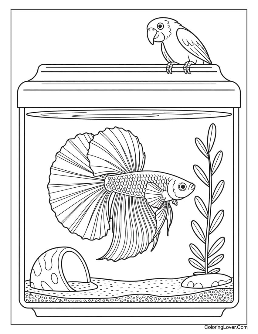 Cute betta fish swimming in square aquarium coloring page