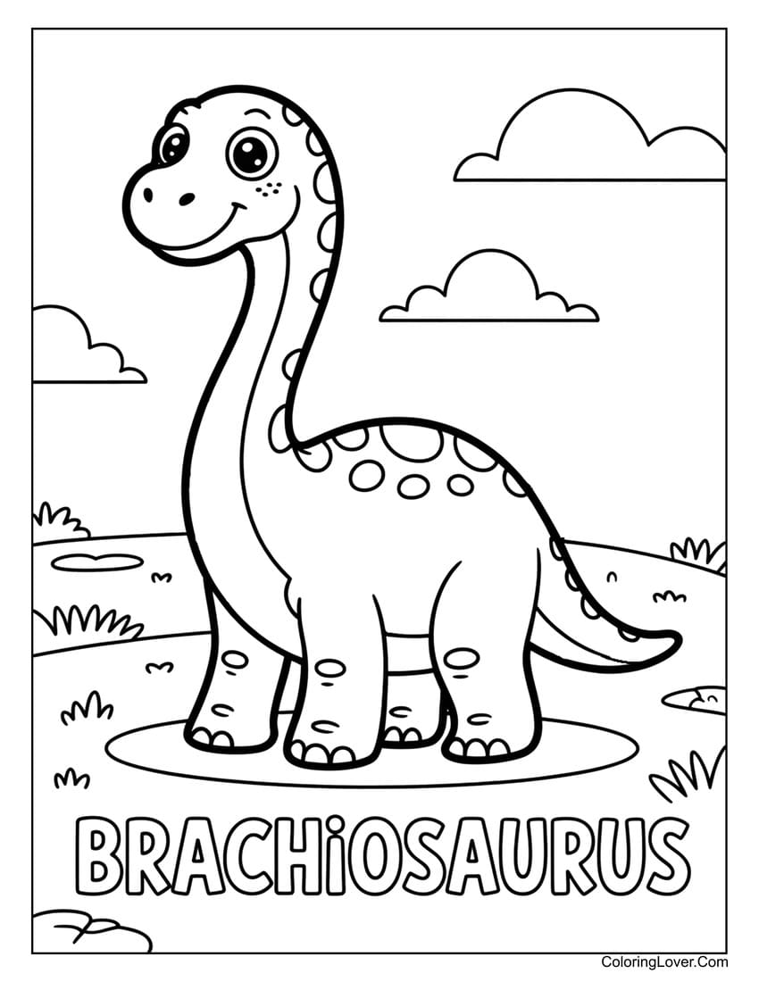 Cute Brachiosaurus in meadow with clouds and trees coloring page
