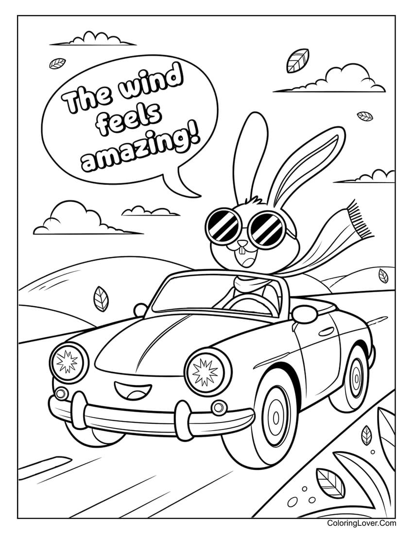 Cute bunny driving fast car coloring page