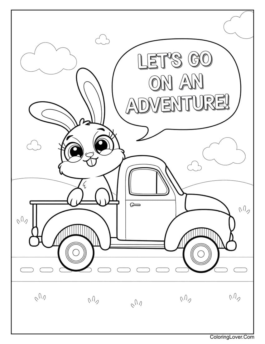 Cute bunny on adventure truck coloring page