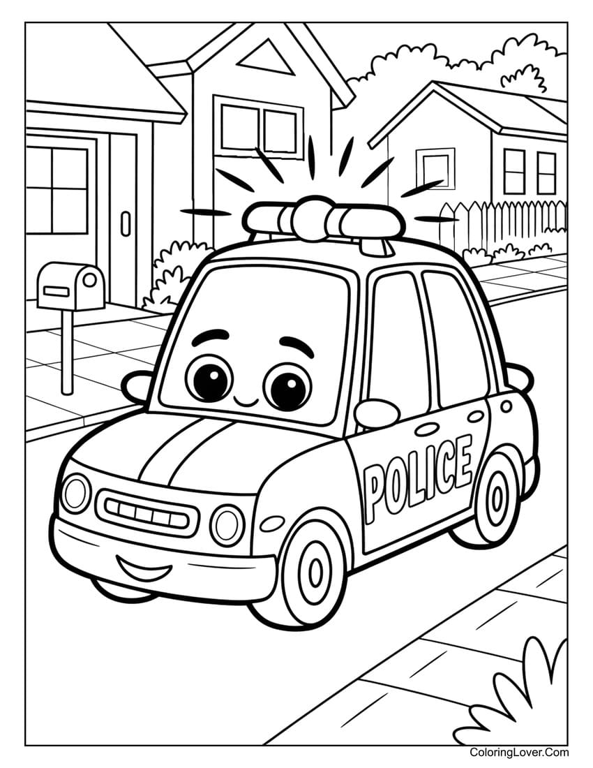 Cute cartoon police car downtown coloring page